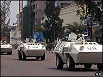UN armoured vehicles patrol the streets of Kinshasa