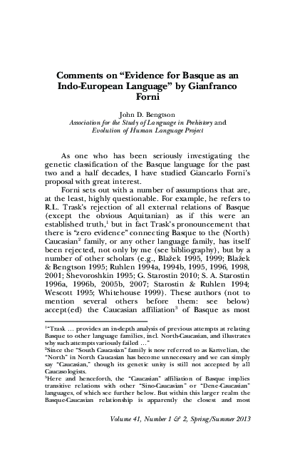 Comments on "Evidence for Basque as an Indo-European Language" by Gianfranco Forni
