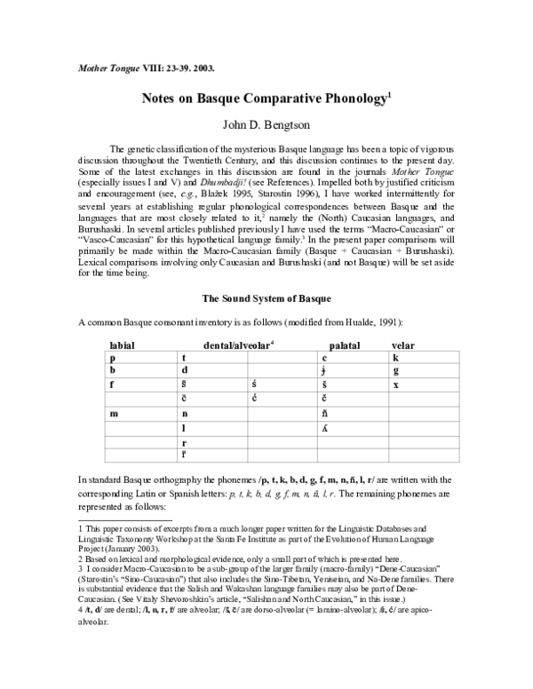 Mother Tongue VIII: 23-39. 2003. Notes on Basque Comparative Phonology1
