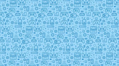 Dark blue icons of video game controllers on a light blue background