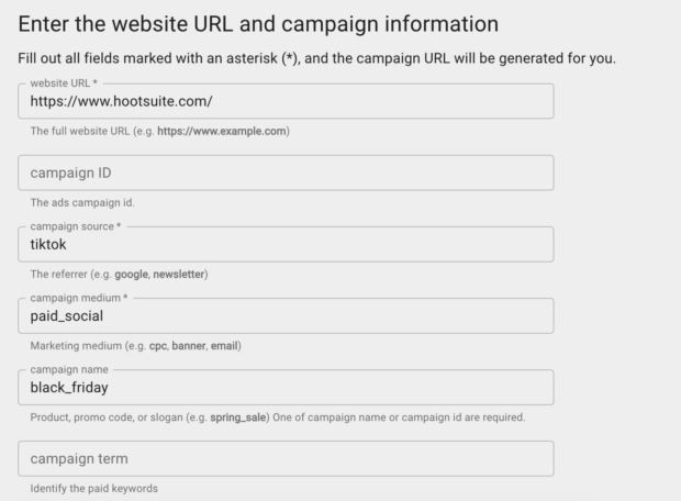 A tool with rows for website URL and all UTM tags. After entering each required parameter (marked with an asterisk), the tagged URL will be generated 