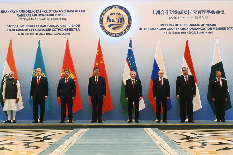 Leaders of Shanghai Cooperation Organisation member states pose for a family photo during a summit in Samarkand, Uzbekistan, on Sept. 16.