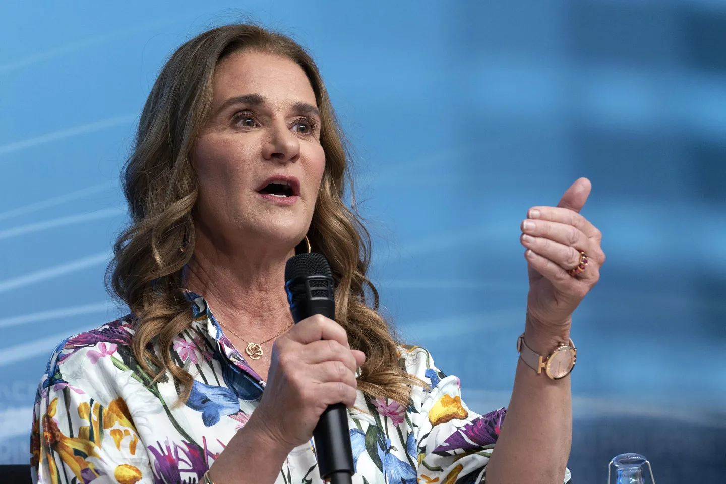 Melinda French Gates speaks at the forum Empowering Women as Entrepreneurs and Leaders during the World Bank/IMF Spring Meetings at the International Monetary Fund headquarters in Washington, on April 13, 2023.