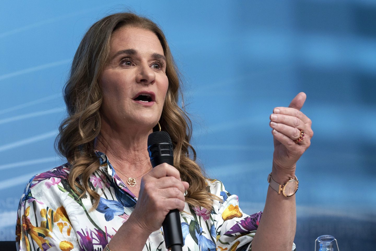 Melinda French Gates speaks at the forum Empowering Women as Entrepreneurs and Leaders during the World Bank/IMF Spring Meetings at the International Monetary Fund (IMF) headquarters in Washington on April 13, 2023.