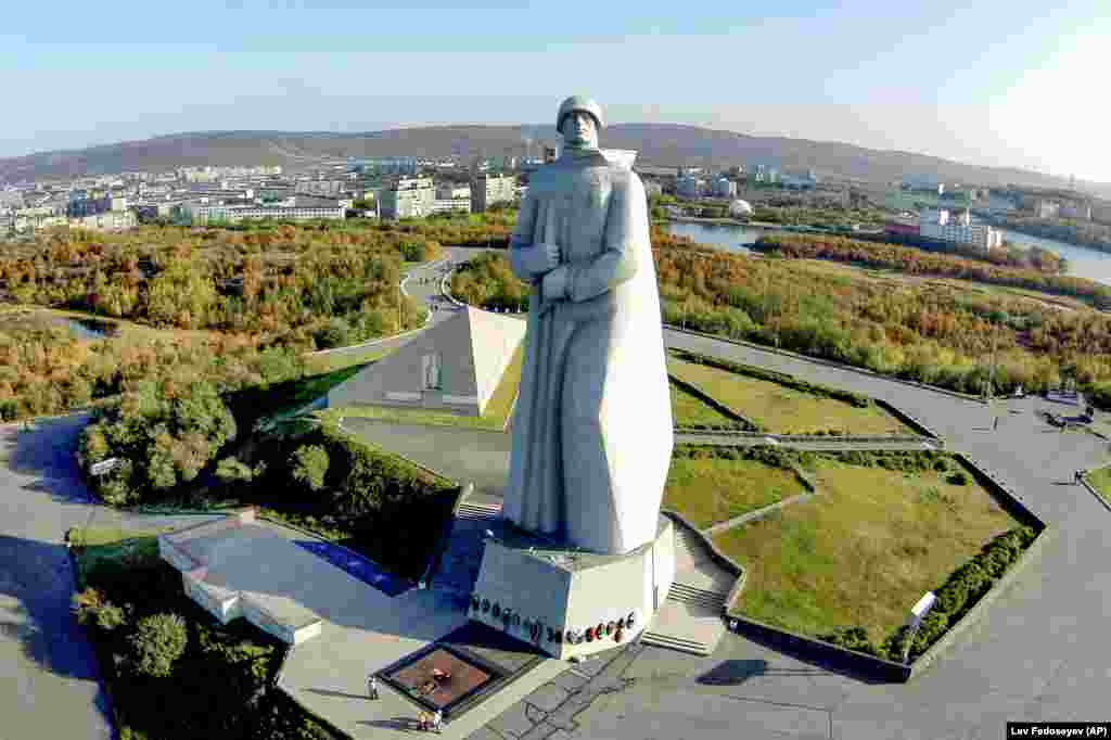 The Monument To Defenders Of The Soviet Arctic in Murmansk, Russia. The 35-meter-high statue of a soldier is commonly called Alyosha by locals.  