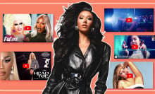 Plastique Tiara in a black ensemble surrounded by thumbnails of her favorite videos.