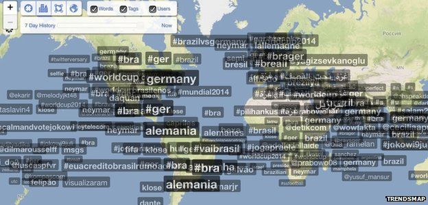 A Trendsmap screengrab showing tweets around the world 70 minutes into the World Cup Brazil Germany semi-final
