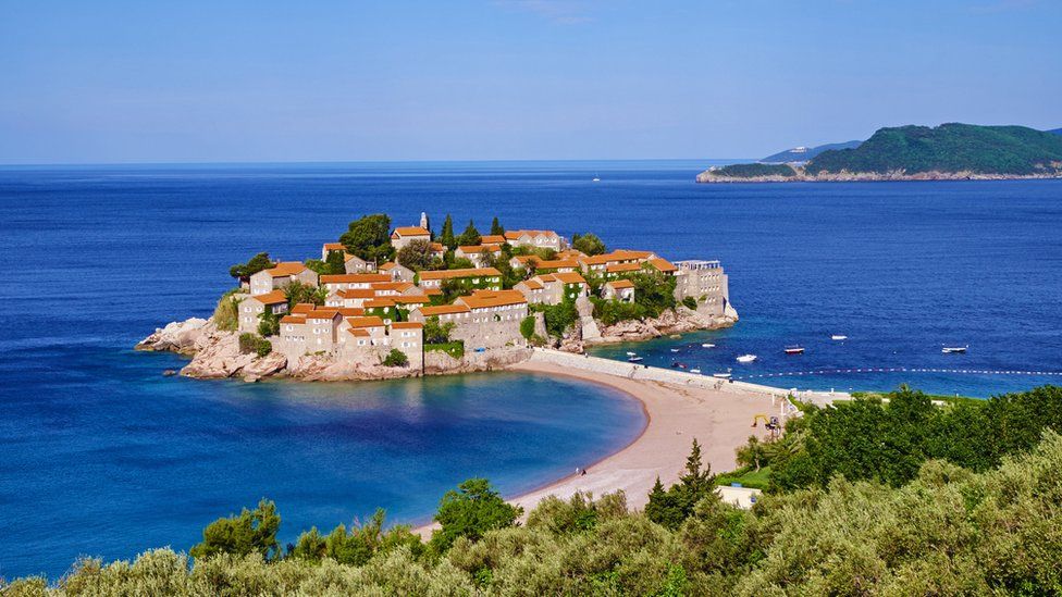 The island of Sveti Stefan, once a fishing village, now a luxury hotel complex