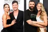Jenna Johnson Chmerkovskiy and Val Chmerkovskiy attend the Make-Up Artists and Hair Stylists Guild's 11th Annual MUAHS Awards at The Beverly Hilton on February 18, 2024 in Beverly Hills, California.; Jason Kelce and Kylie Kelce attend Thursday Night Football Presents The World Premiere of 