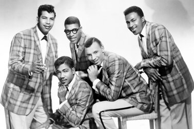 Fred Parris, left, with the Five Satins in the 1950s. His composition “In the Still of the Night,” on which he sang lead, became one of pop music’s most enduring songs.