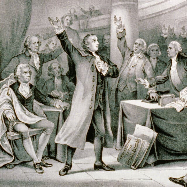 A black-and-white illustration of a scene with a person in a long coat raising his arm. Seated and standing all around him are others looking in his direction, some also raising their arms.
