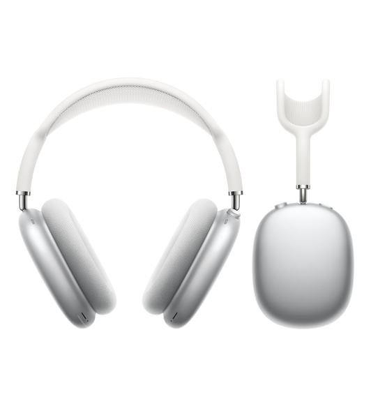 Front view of AirPods Max in Silver next to a side view of AirPods Max headphone exterior.