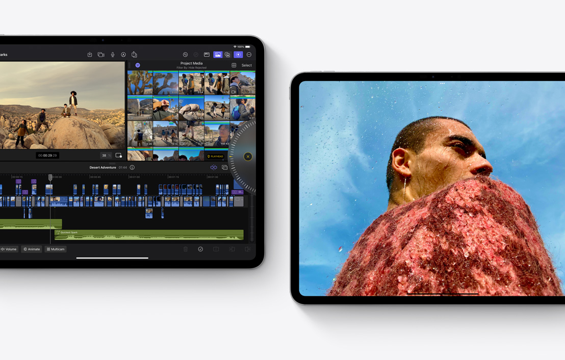 Două iPad Pro care prezintă aplicațiile Final Cut Pro 2.0 și Poze.