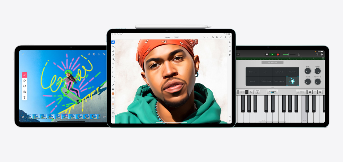 Două iPad-uri și un iPad Air cu aplicațiile FlipaClip, Adobe Fresco și GarageBand.