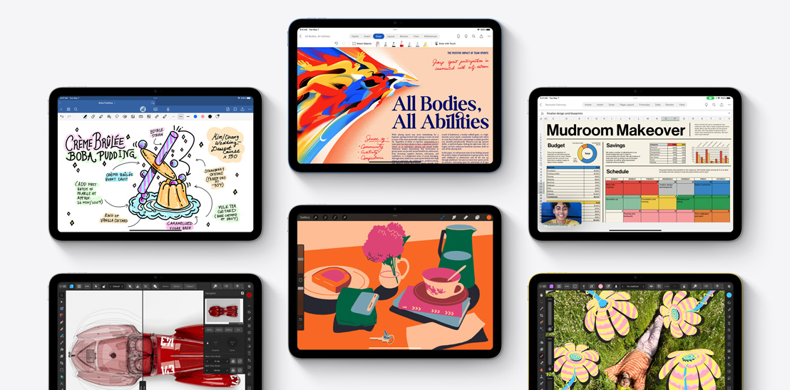O colecție de șase iPad-uri diferite care prezintă diferite aplicații, inclusiv Goodnotes 6, Affinity Designer 2, Microsoft Word, Procreate, Microsoft Excel și Affinity Photo 2.