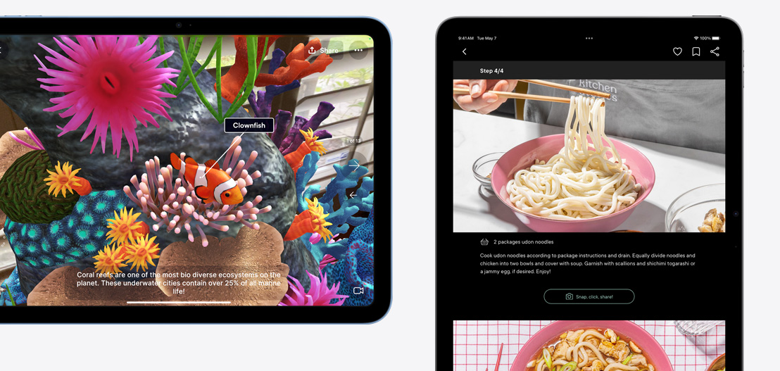 Un iPad și un iPad Air care prezintă aplicațiile Jigspace și Kitchen Stories.