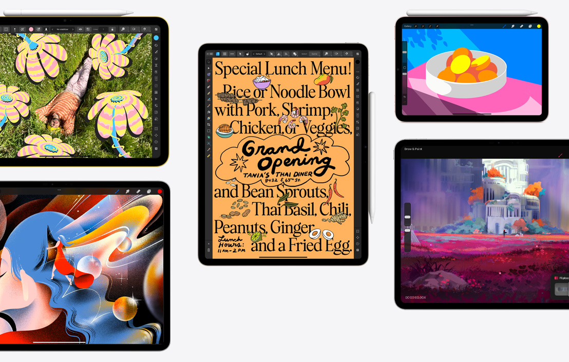 O colecție de cinci iPad-uri diferite care prezintă diferite aplicații, inclusiv Affinity Photo 2, Procreate, Affinity Designer 2 și Procreate Dreams.