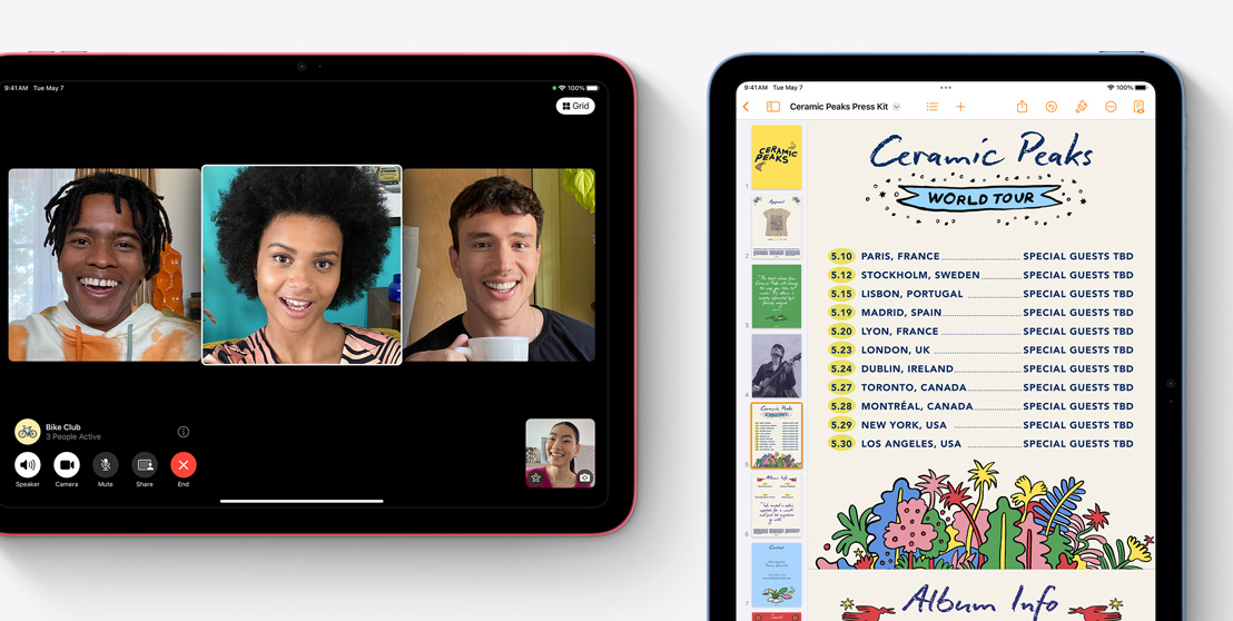 Două iPad-uri alăturate, unul afișând un apel video FaceTime și celălalt, aplicația Pages.