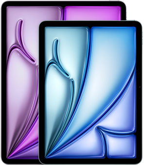 Vedere frontală a unui iPad Air de 13 inchi și iPad Air de 11 inchi care evidențiază diferența de dimensiune.
