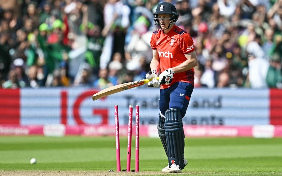 England's Harry Brook reacts to being bowled out during the second T20 international cricket match between England and Pakistan at Edgbaston, in Birmingham, central England, on May 25, 2024