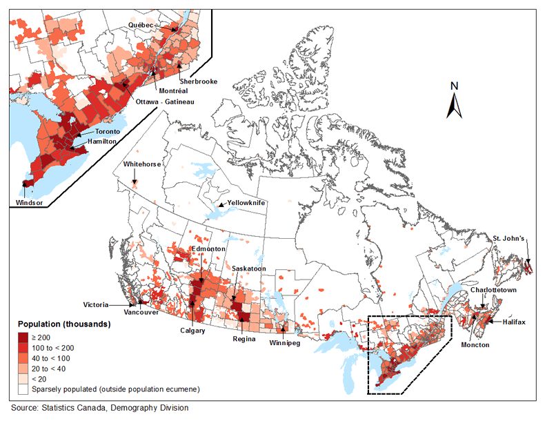 Map 4.1 Population distribution as of July 1, 2014 by census division (CD), Canada