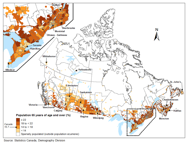 Map 4.5 Proportion of population 65 years of age and over as of July 1, 2014, by census division (CD), Canada